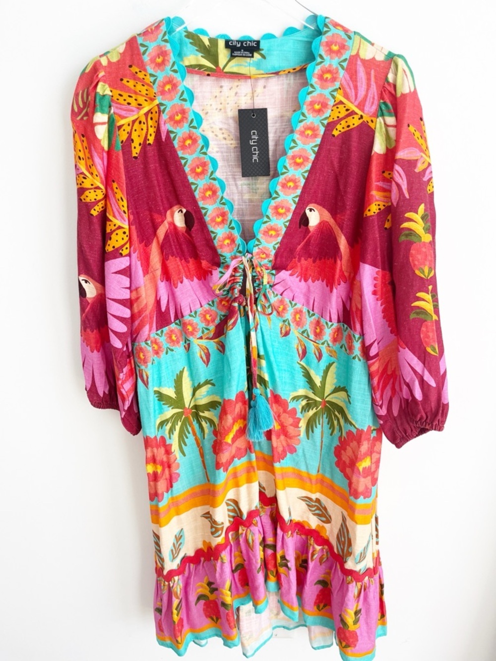 NWT City Chic Tropical Linen Blend Boho Dress Colorful Mini, Plus Size S